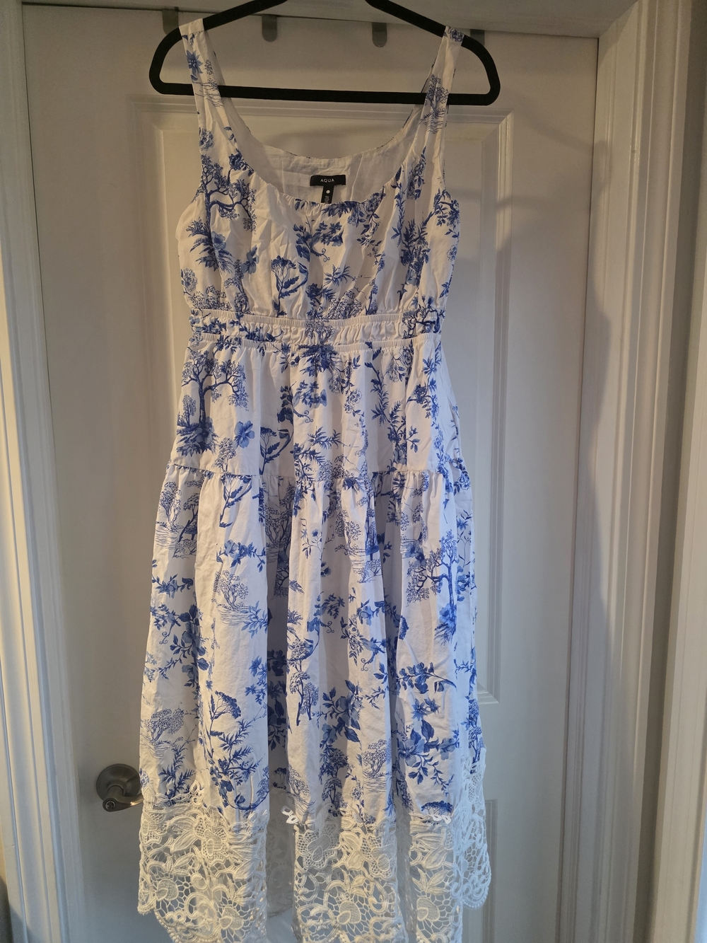 Aqua White Midi Dress with Blue Floral Print and Lace Hem